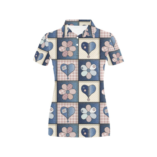 Patchwork Heart Flower Pattern Print Design 01 Women's Polo Shirt