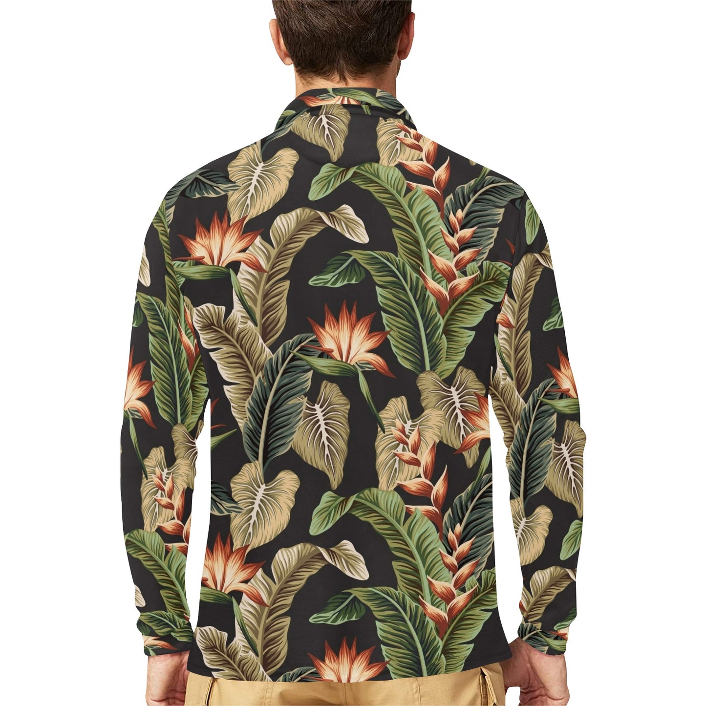 Tropical Flower Pattern Print Design TF014 Long Sleeve Polo Shirt For Men's