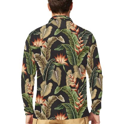 Tropical Flower Pattern Print Design TF014 Long Sleeve Polo Shirt For Men's