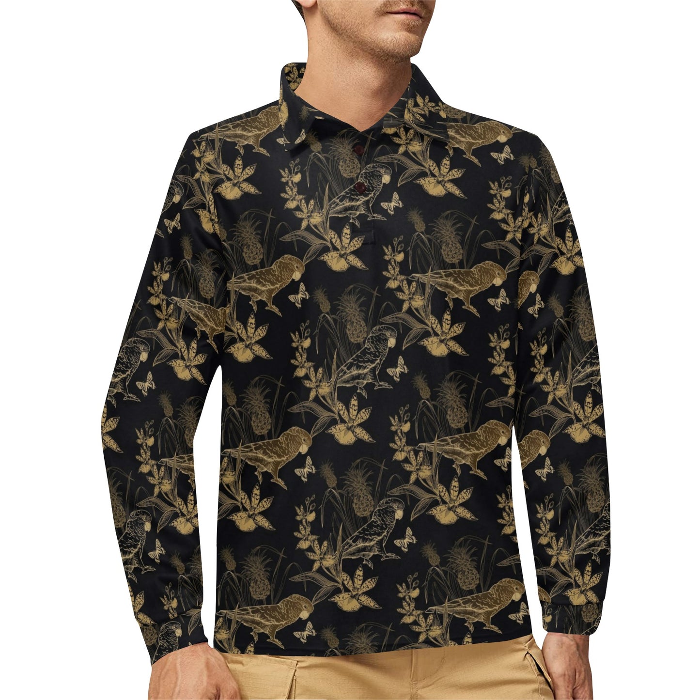 Parakeet Pattern Print Design A05 Long Sleeve Polo Shirt For Men's