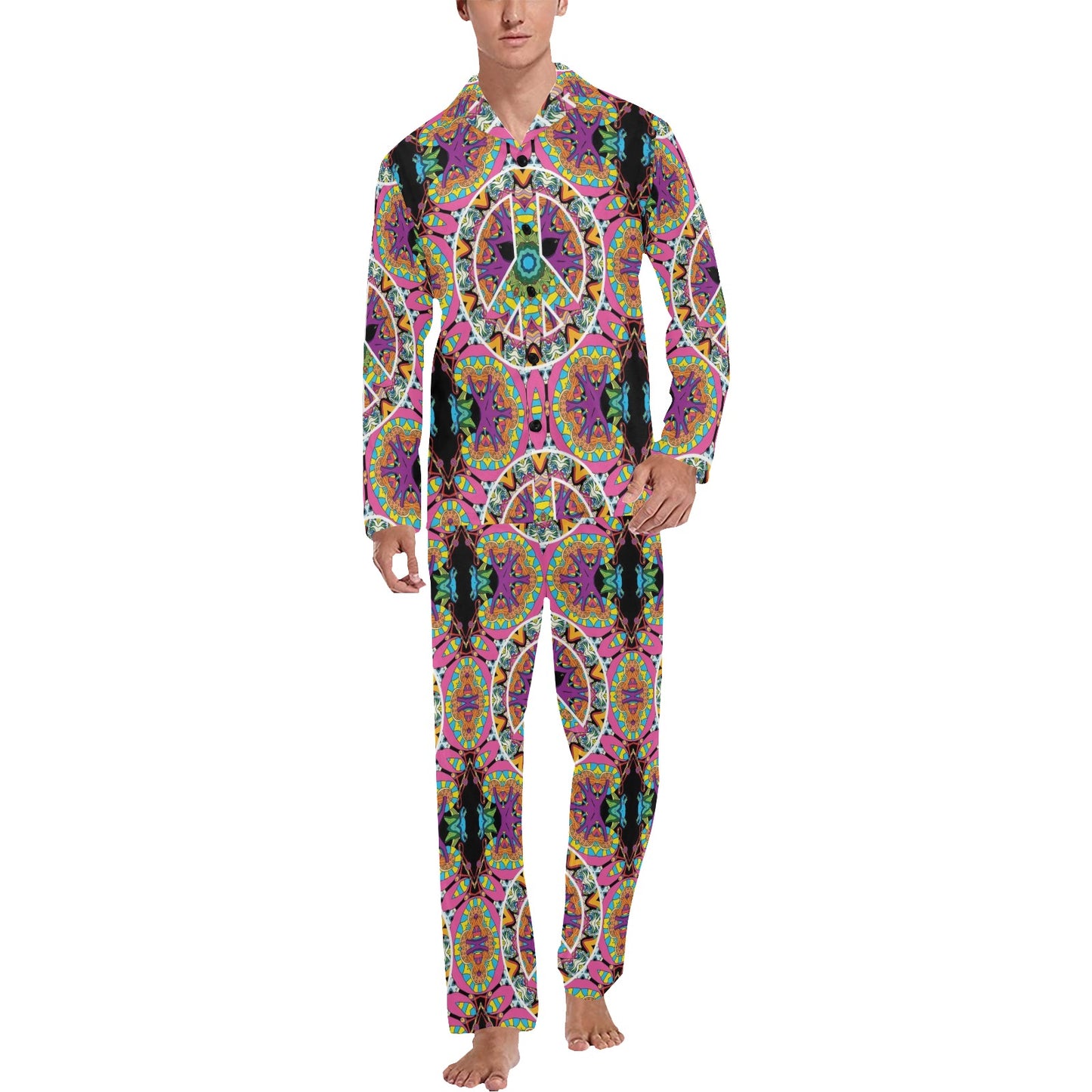 Peace Sign Pattern Print Design A03 Men's Long Pajama Set