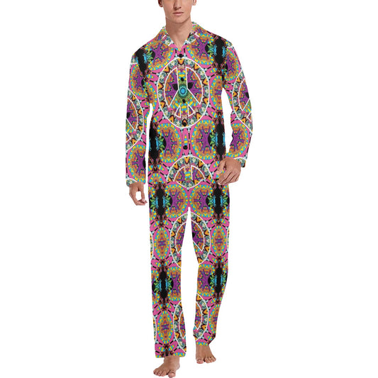Peace Sign Pattern Print Design A03 Men's Long Pajama Set