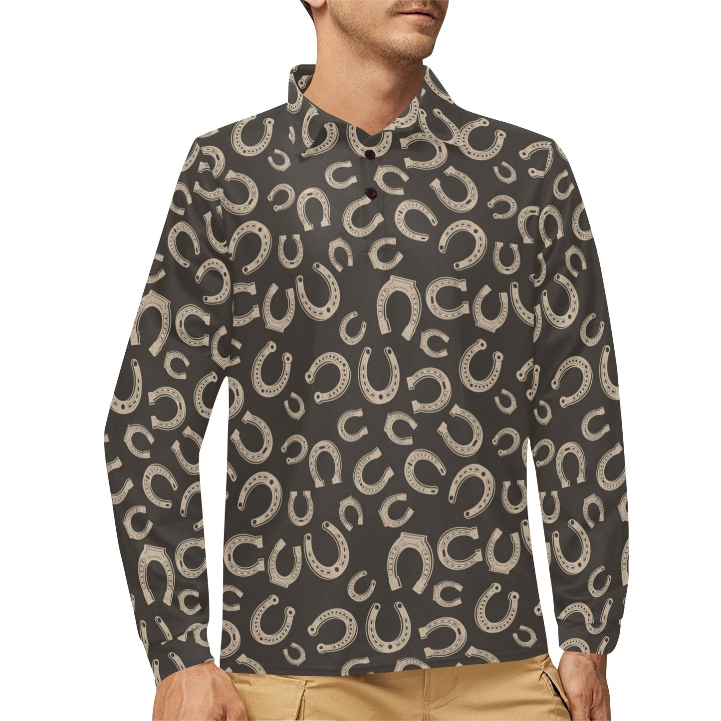 Horseshoe Print Design LKS303 Long Sleeve Polo Shirt For Men's