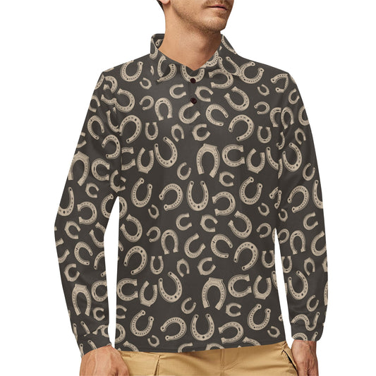 Horseshoe Print Design LKS303 Long Sleeve Polo Shirt For Men's