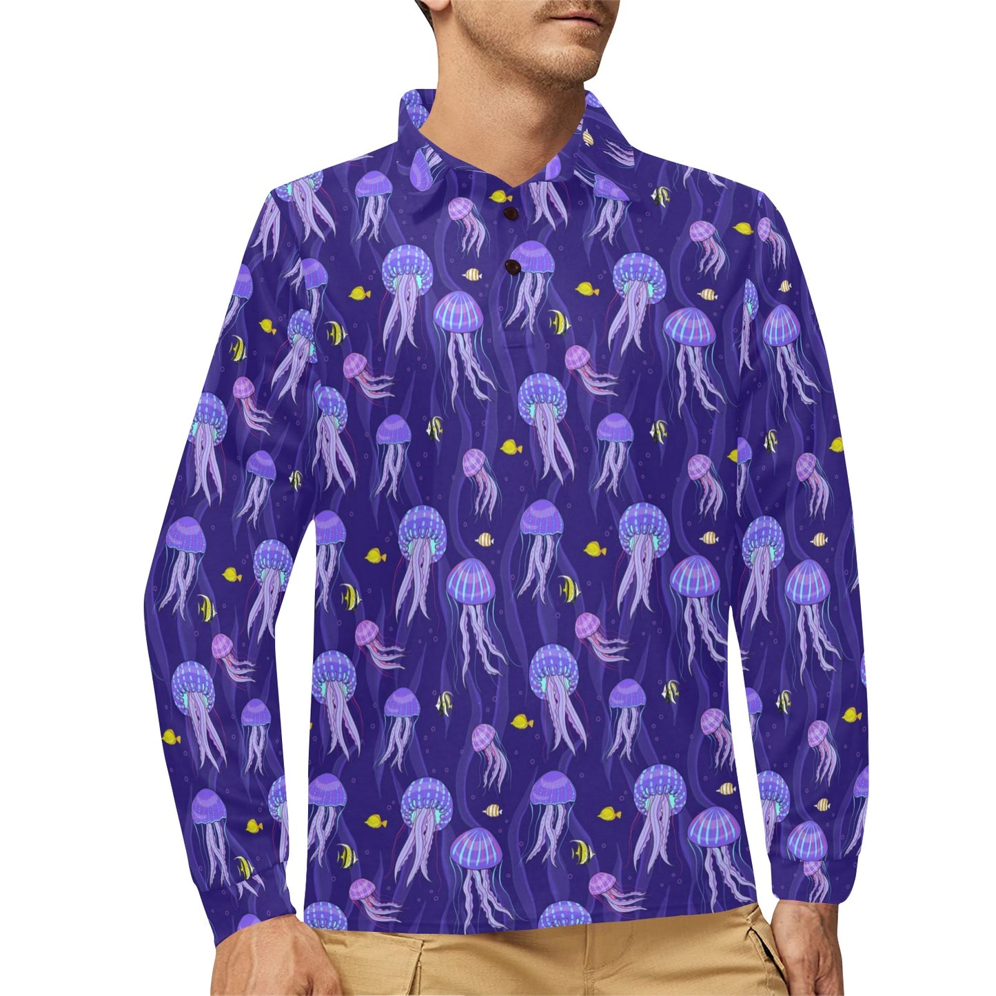 Jellyfish Style Print Long Sleeve Polo Shirt For Men's
