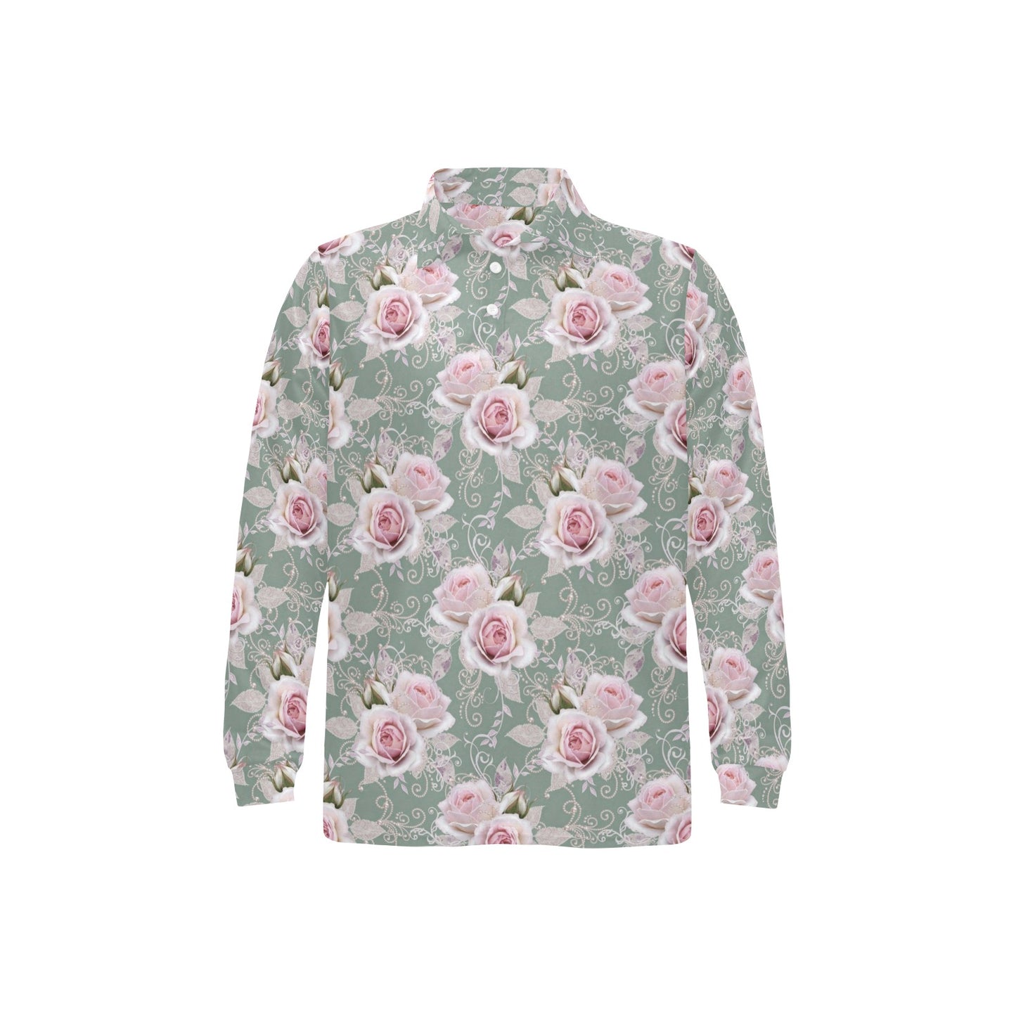 Rose White Pattern Print Design RO012 Long Sleeve Polo Shirt For Men's
