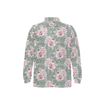 Rose White Pattern Print Design RO012 Long Sleeve Polo Shirt For Men's
