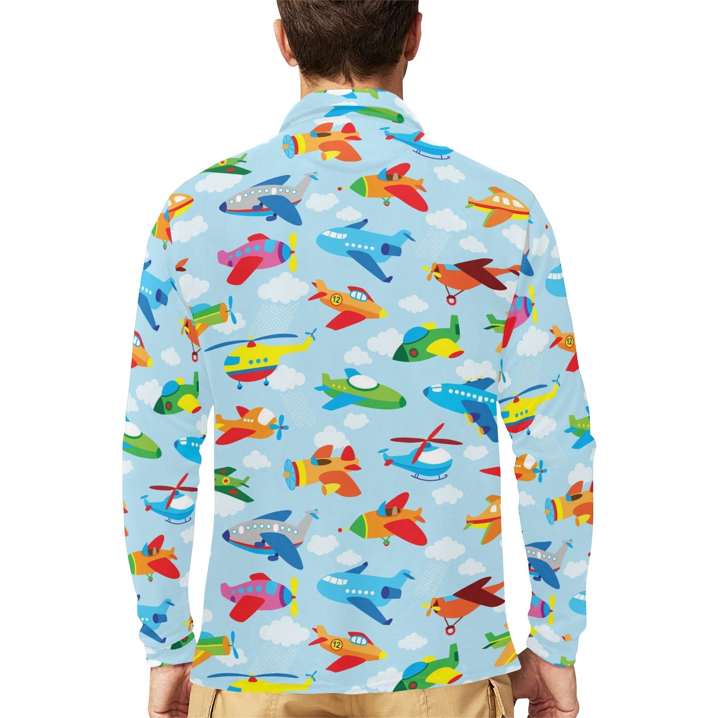 Airplane Colorful Pattern Print Design 01 Long Sleeve Polo Shirt For Men's