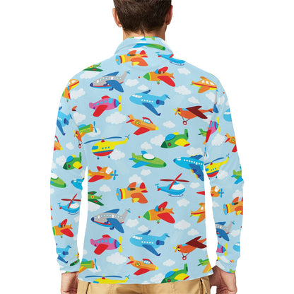Airplane Colorful Pattern Print Design 01 Long Sleeve Polo Shirt For Men's