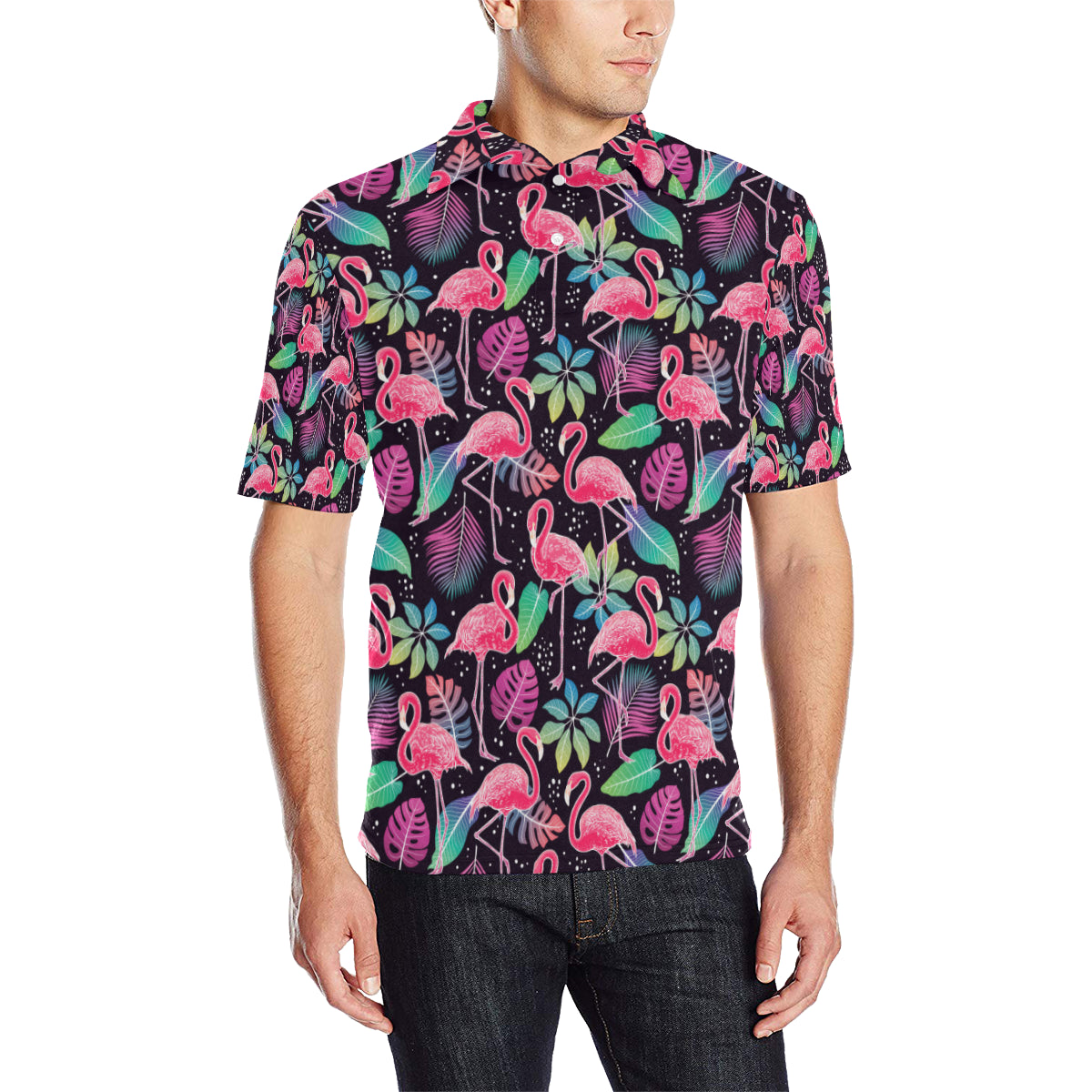 Flamingo Tropical leaves Neon Print Men Polo Shirt