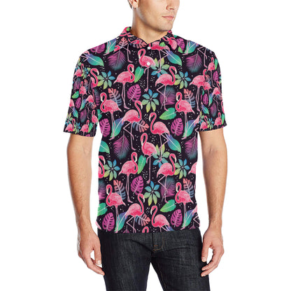 Flamingo Tropical leaves Neon Print Men Polo Shirt