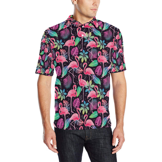 Flamingo Tropical leaves Neon Print Men Polo Shirt