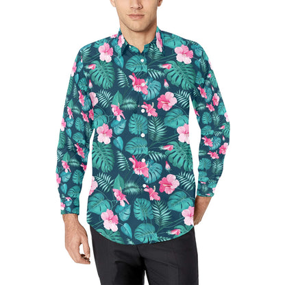 Summer Floral Print Design LKS301 Men's Long Sleeve Dress Shirt