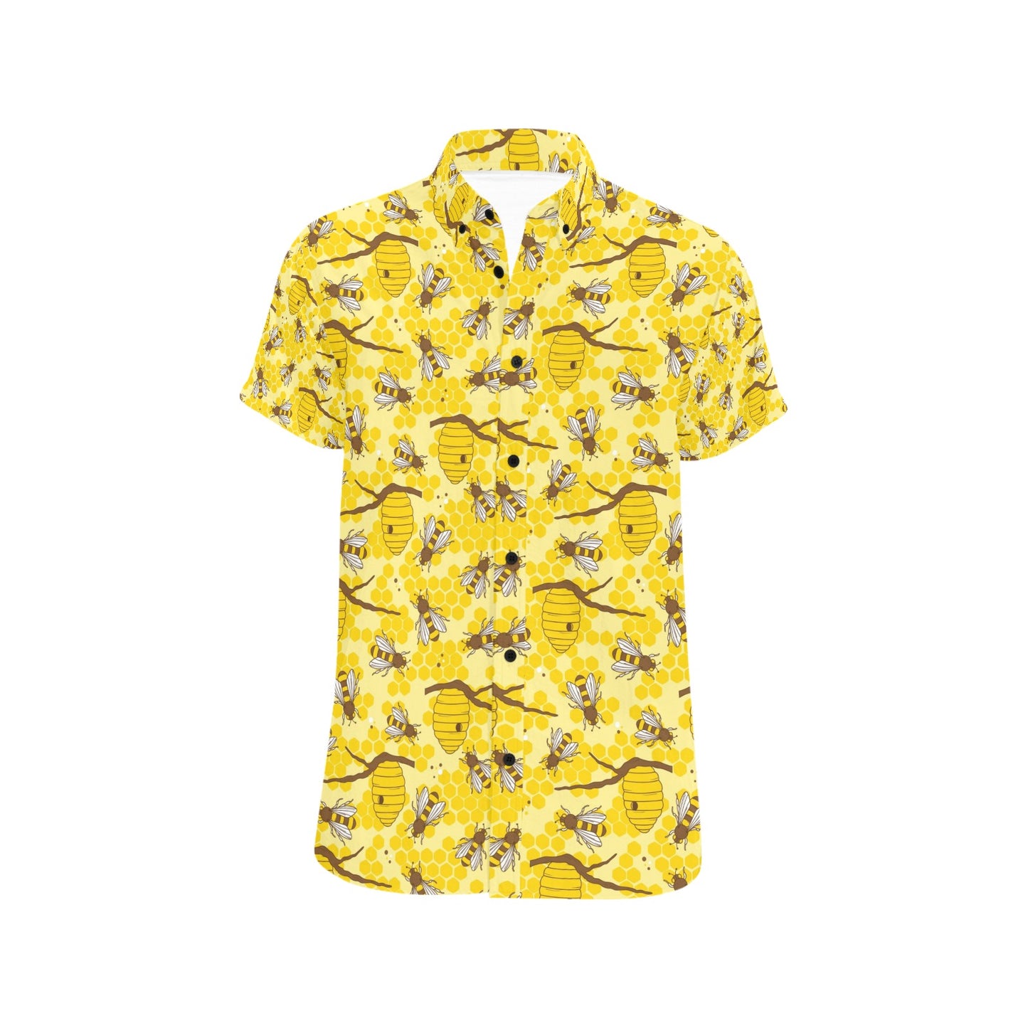 Bee With Honeycomb Print Design LKS302 Men Short Sleeve Button Up Shirt