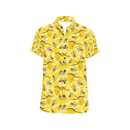 Bee With Honeycomb Print Design LKS302 Men Short Sleeve Button Up Shirt