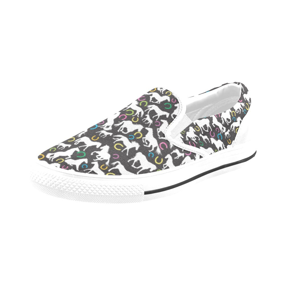 Horse Hoof Colorful Print Design LKS301 White Slip Ons Canvas Women's Shoes