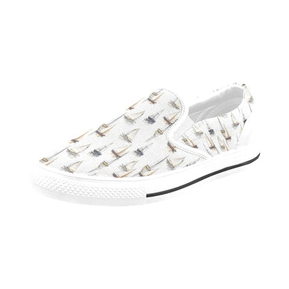 Sailboat Paint Pattern Print Design LKS307 White Slip Ons Canvas Women's Shoes