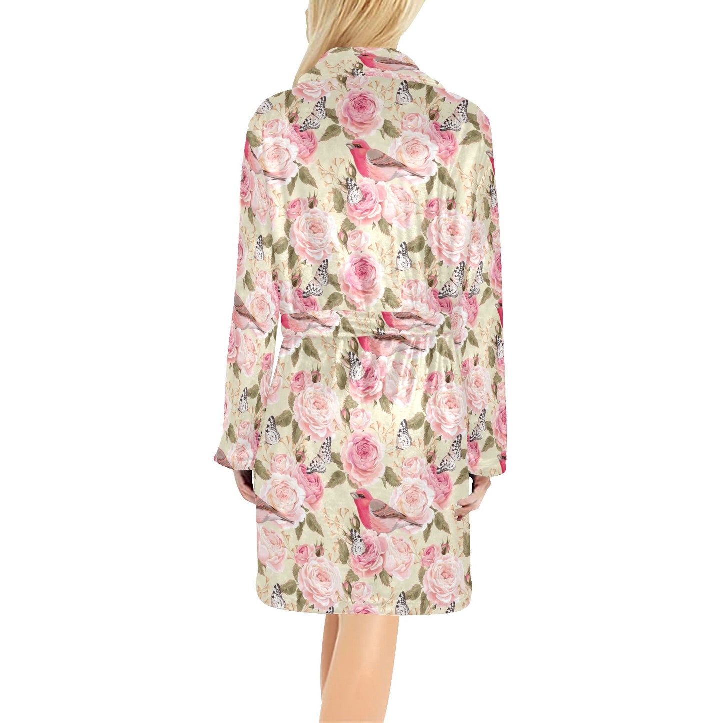 Bird Butterfly Pink Flower Print Pattern Women's Fleece Robe
