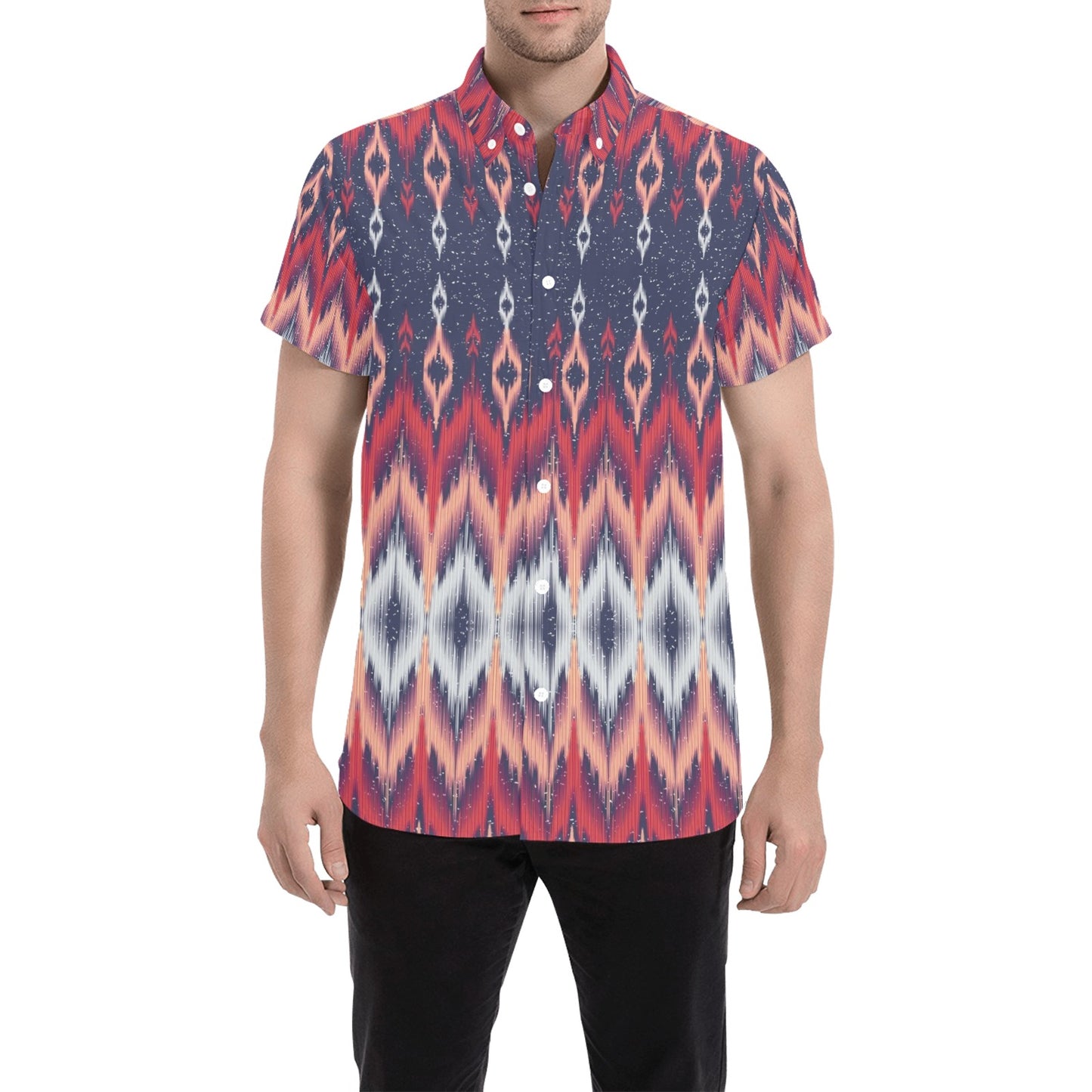Ikat Print Design LKS401 Men Short Sleeve Button Up Shirt