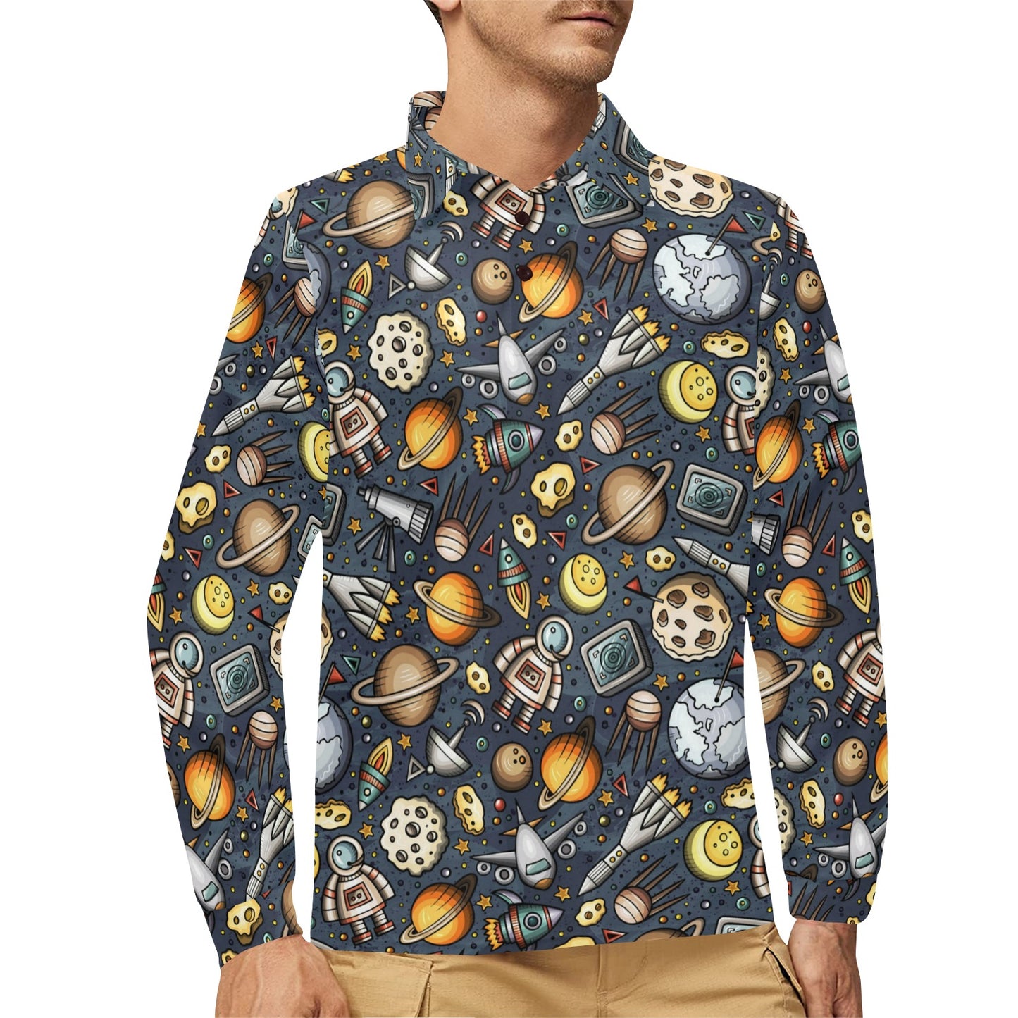 Space Pattern Print Long Sleeve Polo Shirt For Men's