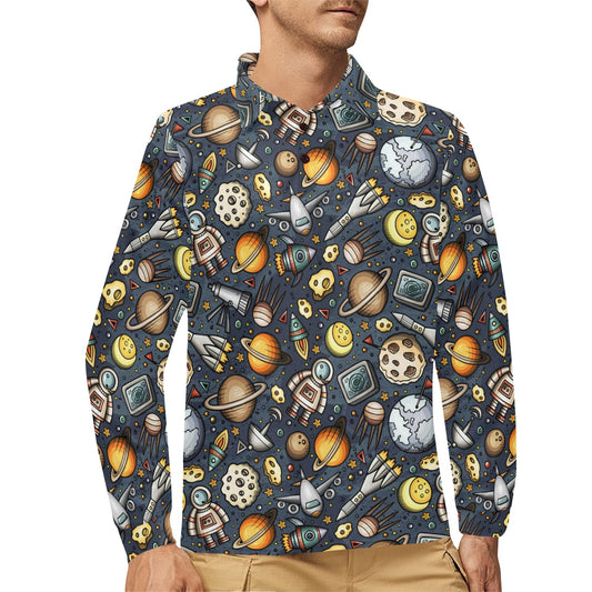 Space Pattern Print Long Sleeve Polo Shirt For Men's