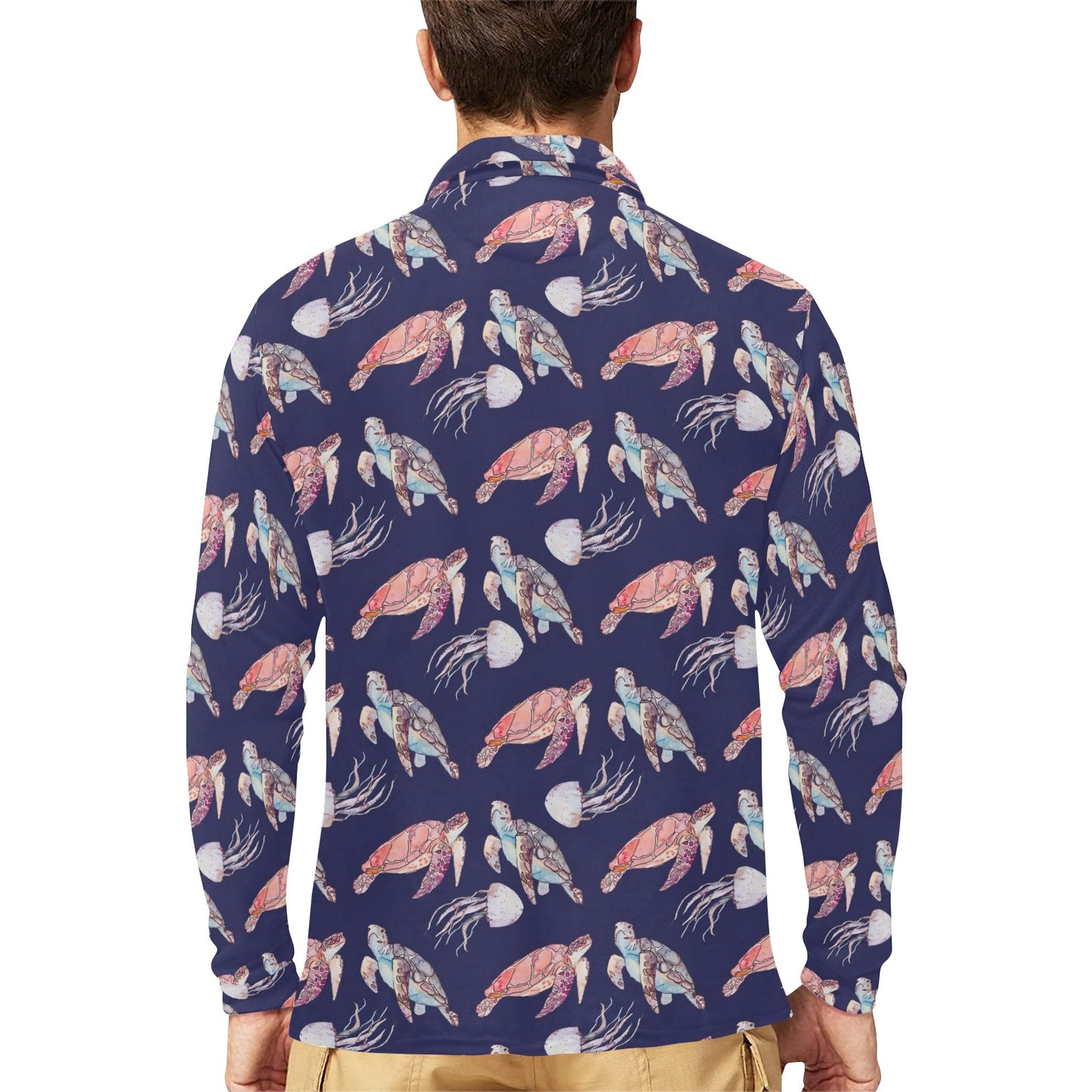 Sea Turtle With Jelly Fish Print Design LKS301 Long Sleeve Polo Shirt For Men's