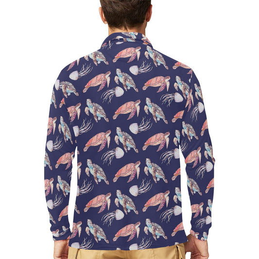 Sea Turtle With Jelly Fish Print Design LKS301 Long Sleeve Polo Shirt For Men's