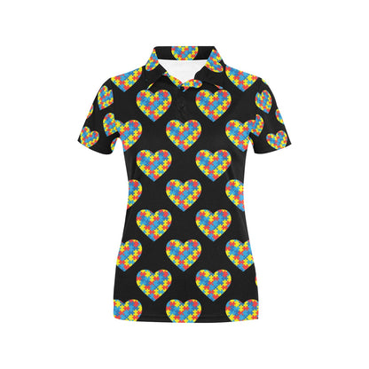 Autism Awareness Heart Design Print Women's Polo Shirt