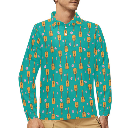 Ukulele Print Design LKS403 Long Sleeve Polo Shirt For Men's