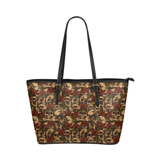 Skull Roses Vintage Design Themed Print Leather Tote Bag