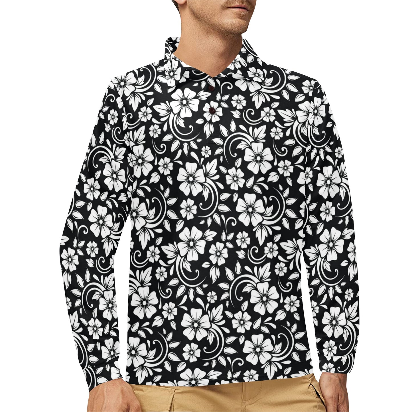 Floral Black White Themed Print Long Sleeve Polo Shirt For Men's