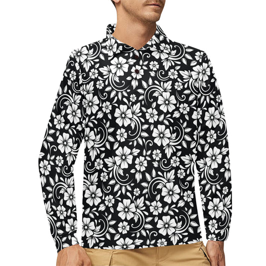 Floral Black White Themed Print Long Sleeve Polo Shirt For Men's