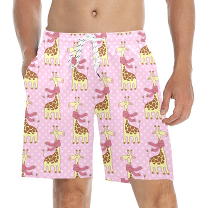 Giraffe Cute Pink Polka Dot Print Men's Swim Trunks Beach Shorts