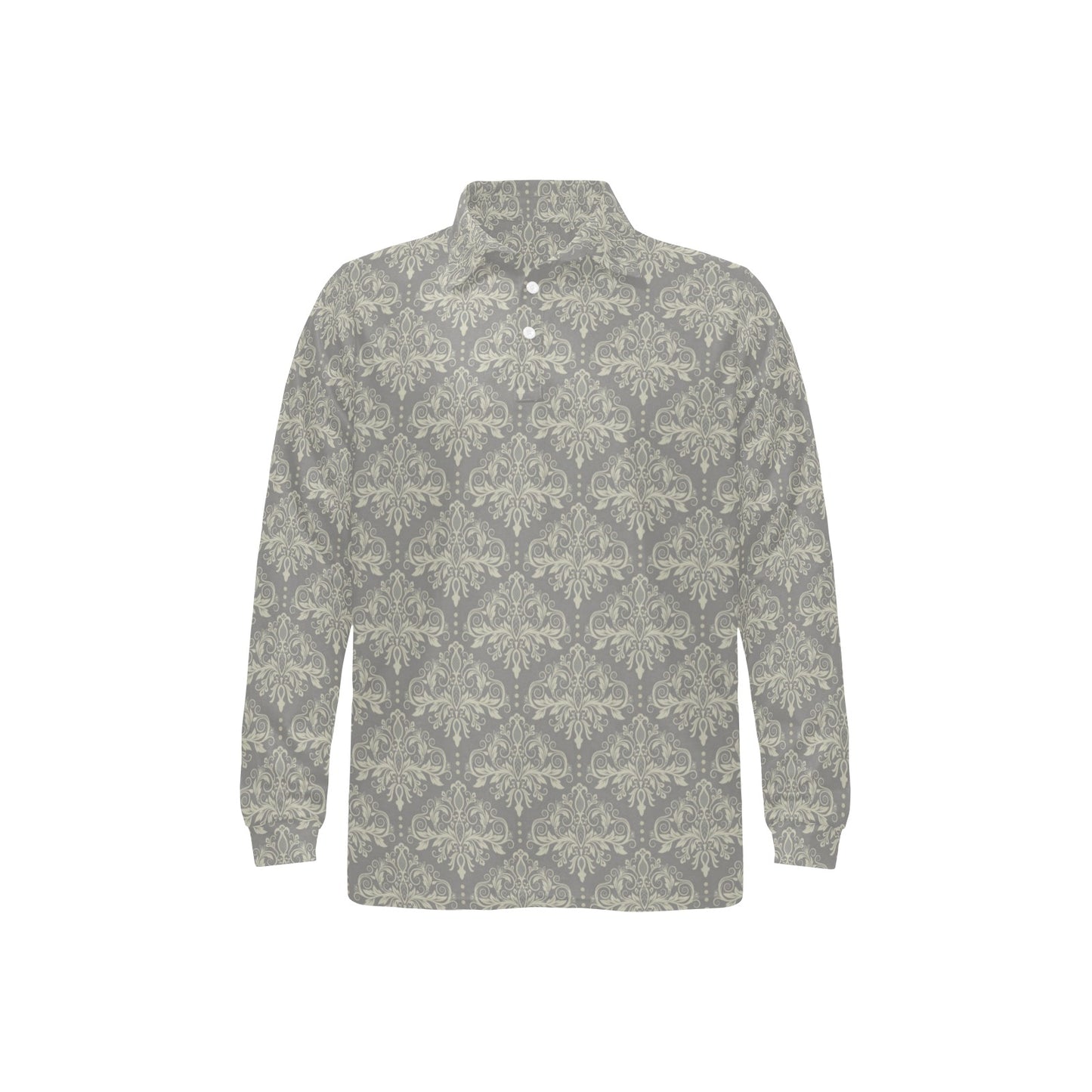 Damask Grey Elegant Print Pattern Long Sleeve Polo Shirt For Men's