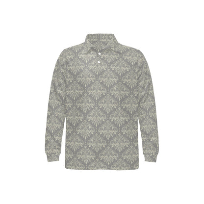 Damask Grey Elegant Print Pattern Long Sleeve Polo Shirt For Men's
