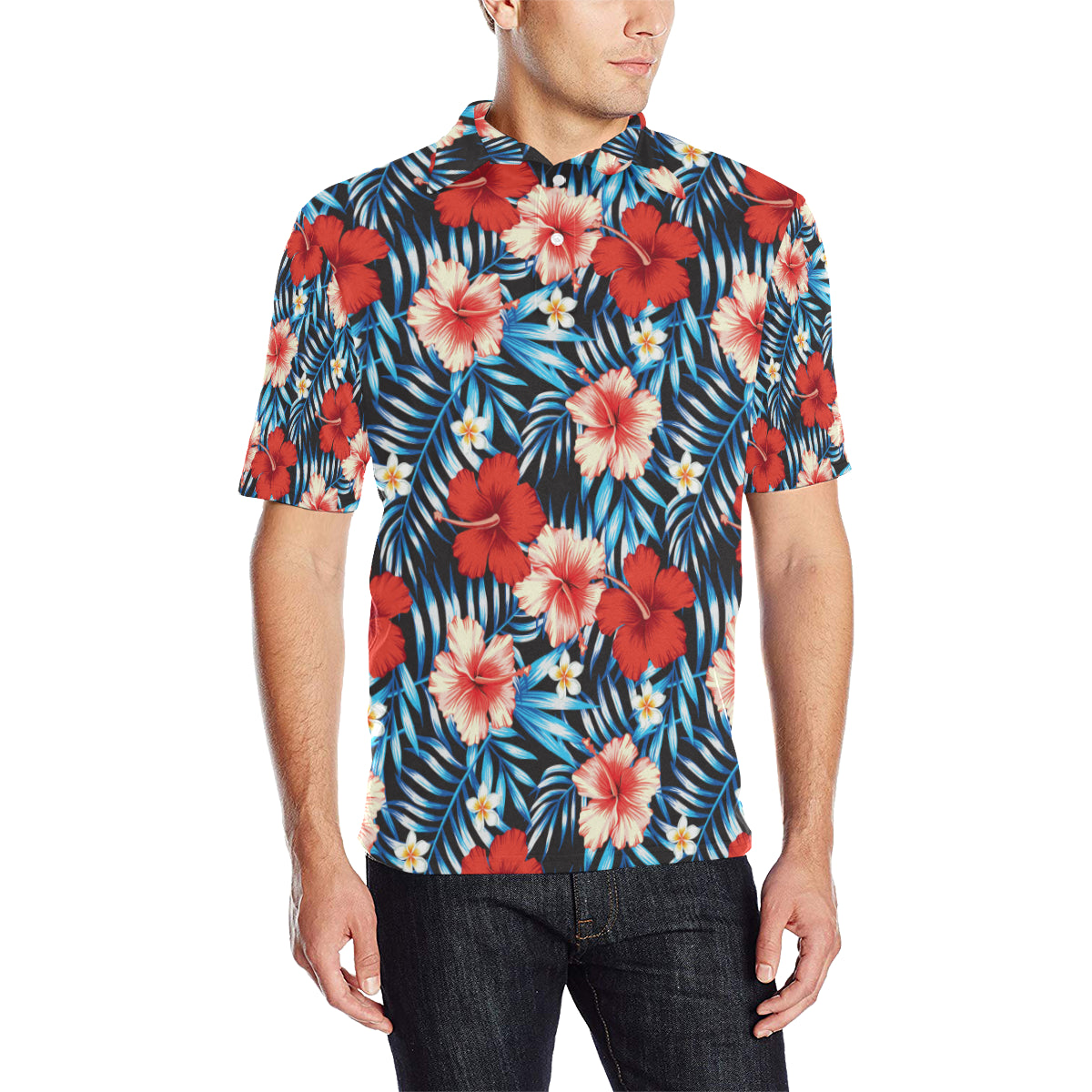 Red Hibiscus Blue Scene Men Polo Shirt