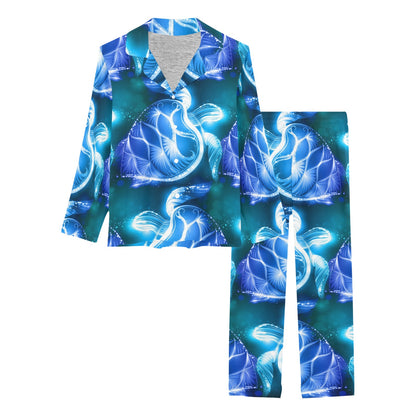 Blue Neon Sea Turtle Print Women's Long Pajama Set