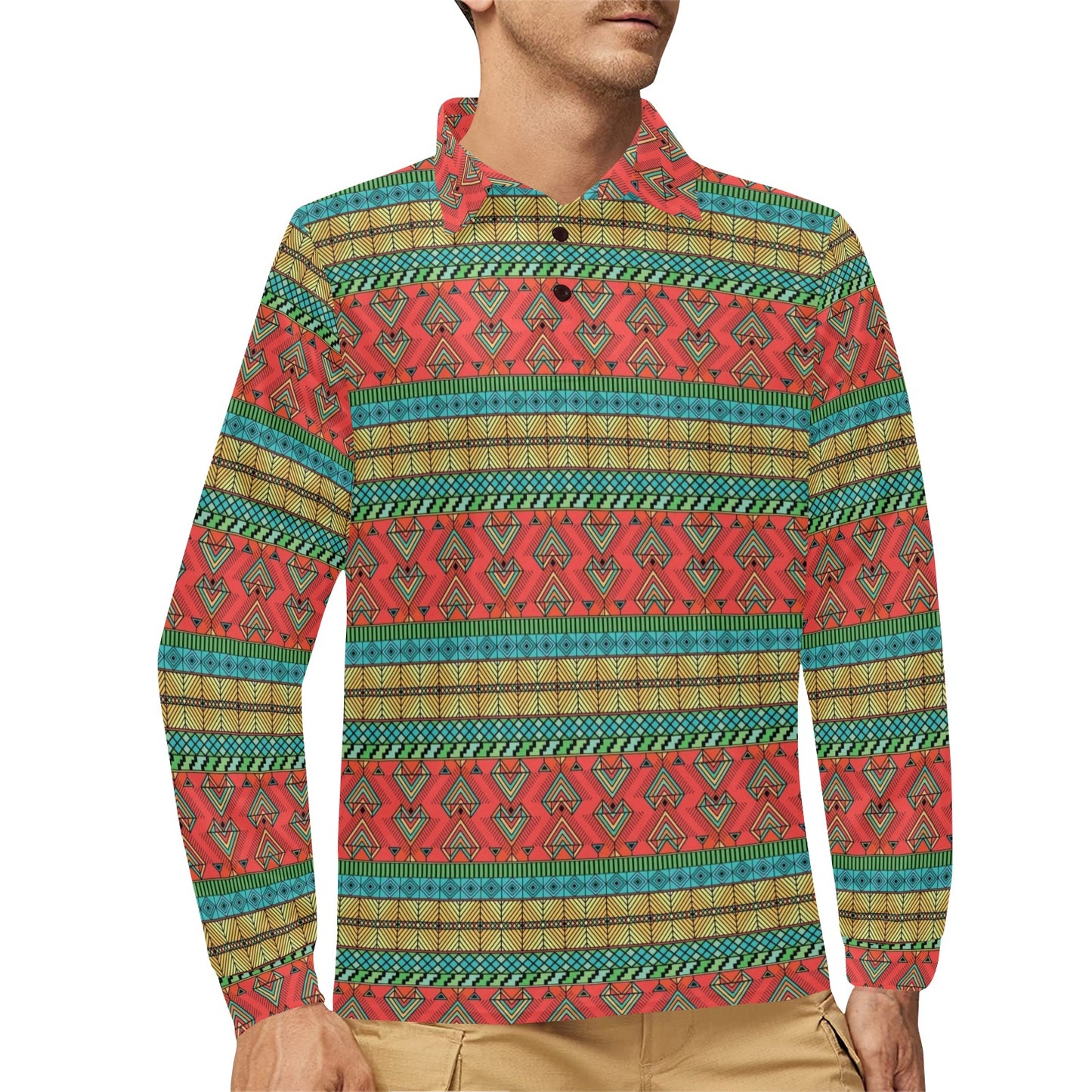 African Colorful Zigzag Print Pattern Long Sleeve Polo Shirt For Men's