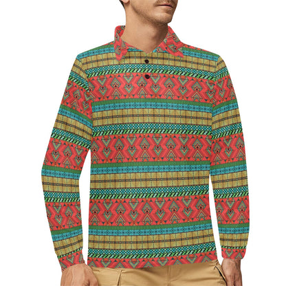 African Colorful Zigzag Print Pattern Long Sleeve Polo Shirt For Men's