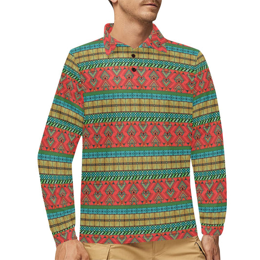 African Colorful Zigzag Print Pattern Long Sleeve Polo Shirt For Men's