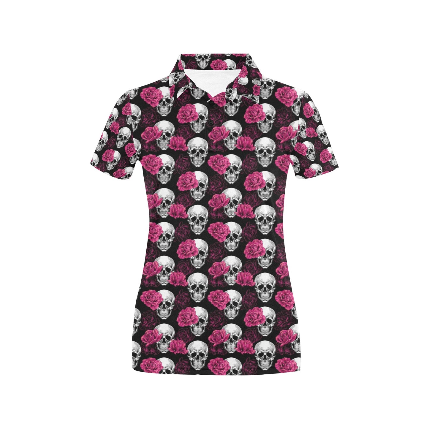 Pink Rose Skull Themed Print Women's Polo Shirt