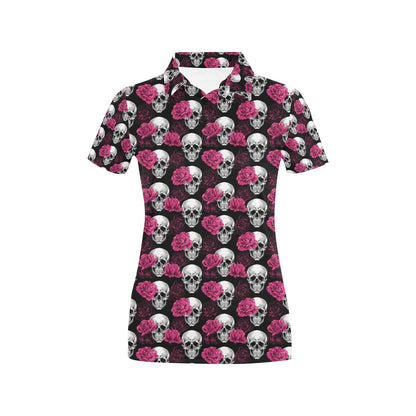 Pink Rose Skull Themed Print Women's Polo Shirt