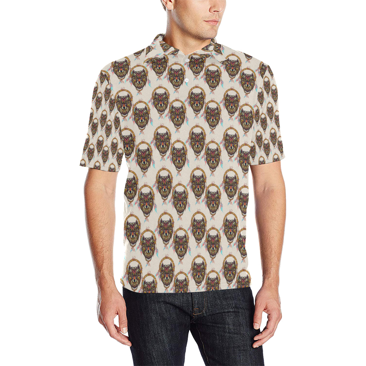 Wolf Tribal Dream Catcher Design Print Men Polo Shirt