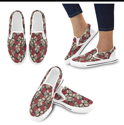 Skull And Roses Print Design LKS301 White Slip Ons Canvas Women's Shoes
