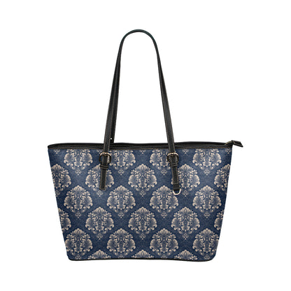 Damask Blue Luxury Print Pattern Leather Tote Bag