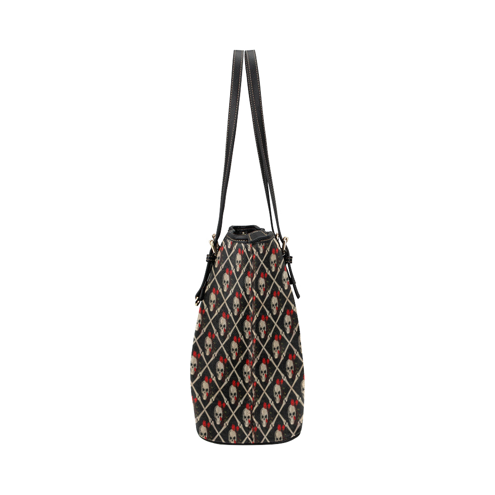 Skull Roses Bone Design Themed Print Leather Tote Bag