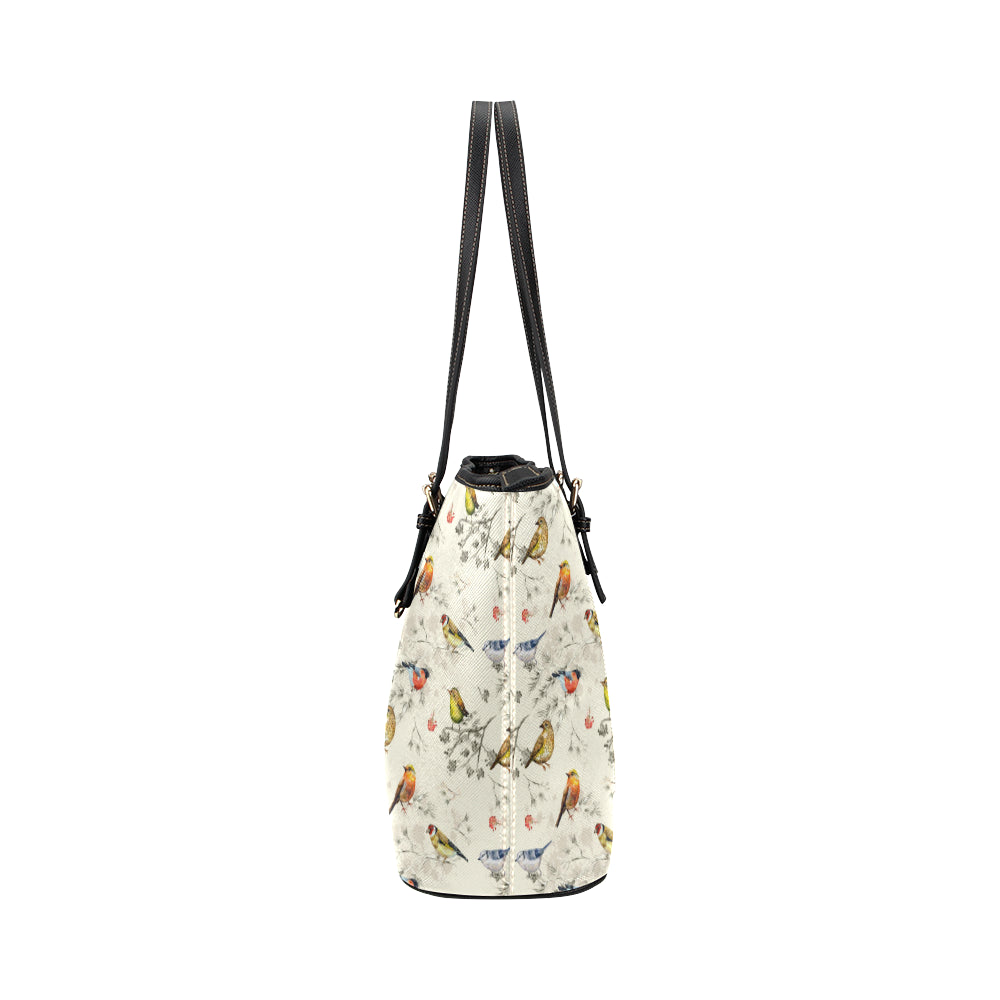 Bird Watercolor Design Pattern Leather Tote Bag