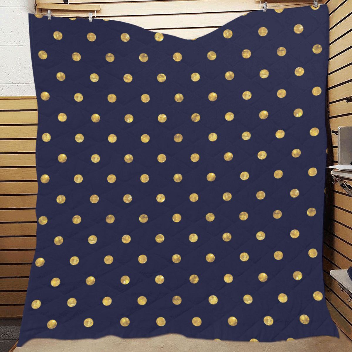 Polka Dot Gold Blue Pattern Print Design 02 Premium Quilt