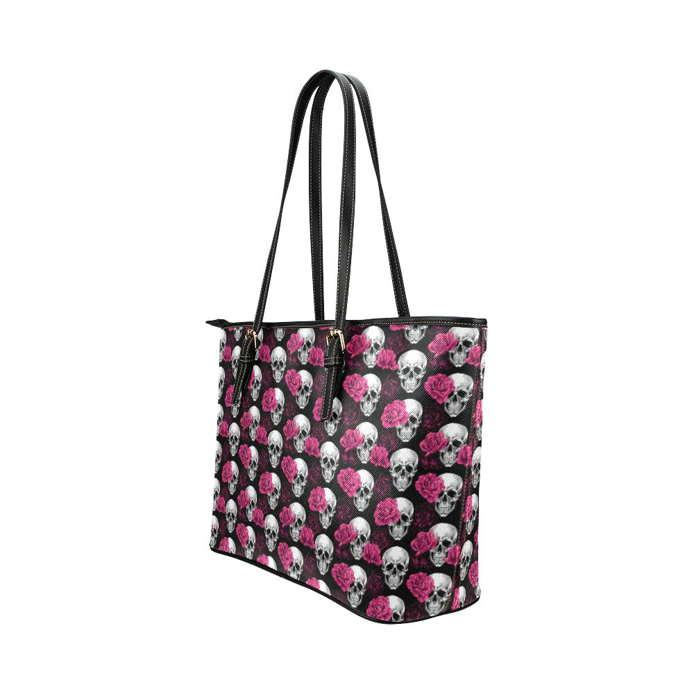 Pink Rose Skull Themed Print Leather Tote Bag