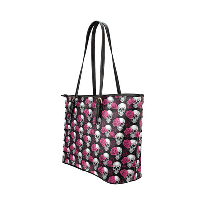 Pink Rose Skull Themed Print Leather Tote Bag